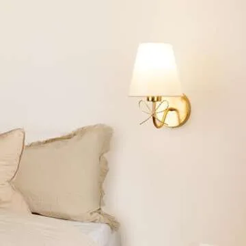 MESUZ Antique Brass Wall Sconces Set of Two, Bow Sconces Decor Gold Wall Lights Brass Brushed Gold Sconce with Fabric Shade, E26 110V Hardwired Wall Lamps Indoor for Bedroom, Living Room, Doorway