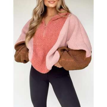Tankaneo Womens Oversized Fleece Sweatshirt Quarter Zip Sherpa Pullover Winter Long Sleeve Color Blo...