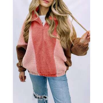 Tankaneo Womens Oversized Fleece Sweatshirt Quarter Zip Sherpa Pullover Winter Long Sleeve Color Block Tops Pink