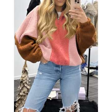 Tankaneo Womens Oversized Fleece Sweatshirt Quarter Zip Sherpa Pullover Winter Long Sleeve Color Block Tops Pink