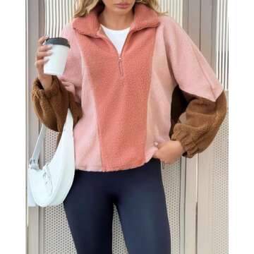 Tankaneo Womens Oversized Fleece Sweatshirt Quarter Zip Sherpa Pullover Winter Long Sleeve Color Block Tops Pink