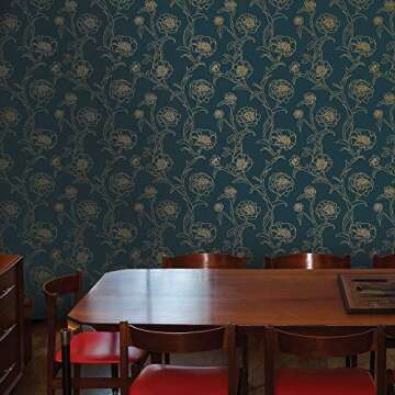 Tempaper Peacock Blue & Metallic Gold Peonies Removable Peel and Stick Floral Wallpaper, 20.5 in X 16.5 ft, Made in the USA