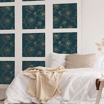 Tempaper Peacock Blue & Metallic Gold Peonies Removable Peel and Stick Floral Wallpaper, 20.5 in X 16.5 ft, Made in the USA