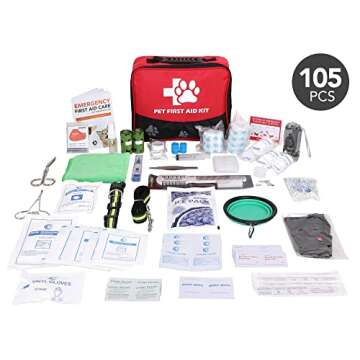 JUSAID Pet First Aid Kit, 105 Piece Nursing Supplies with Emergency Collar, First Aid Instructions and More Ideal for Home, Office, Travel, Car, Hiking, Any Emergencies for Pets, Dogs, Cats