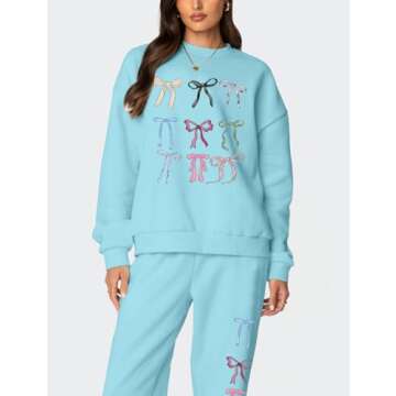 2 Piece Lounge Sets for Women Fall Sweatsuits Bow Print Long Sleeve Crew Neck Wide Leg Sweatpants Matching Tracksuit (Azure, S)
