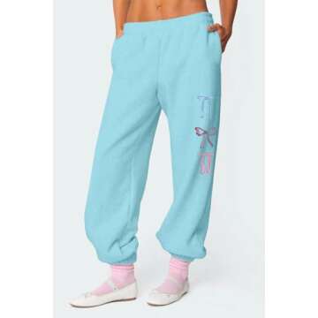 2 Piece Lounge Sets for Women Fall Sweatsuits Bow Print Long Sleeve Crew Neck Wide Leg Sweatpants Matching Tracksuit (Azure, S)