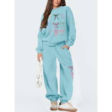 2 Piece Lounge Sets for Women Fall Sweatsuits Bow Print Long Sleeve Crew Neck Wide Leg Sweatpants Matching Tracksuit (Azure, S)