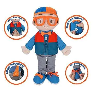 Blippi Get Ready and Play Plush - 20-inch Dress Up Plush with Sounds, Teaches Children to Tie Shoes, Button Shirts, Snap Suspenders, Zip Vest-Jacket, Roll Sleeves and Socks and More - Amazon Exclusive