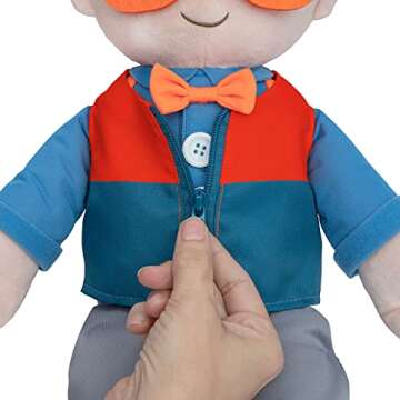 Blippi Get Ready and Play Plush - 20-inch Dress Up Plush with Sounds, Teaches Children to Tie Shoes, Button Shirts, Snap Suspenders, Zip Vest-Jacket, Roll Sleeves and Socks and More - Amazon Exclusive