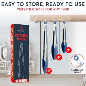 Silicone Kitchen Tongs with Silicone Tips, Set of 3 Heat Resistant Tongs for Serving Food, 7-Inch, 9...