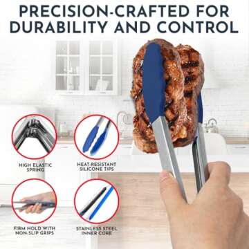 Silicone Kitchen Tongs with Silicone Tips, Set of 3 Heat Resistant Tongs for Serving Food, 7-Inch, 9-Inch, 12-Inch Locking Silicone Tongs for Cooking Tongs, Salad Tongs, Blue Kitchen Utensils