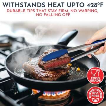 Silicone Kitchen Tongs with Silicone Tips, Set of 3 Heat Resistant Tongs for Serving Food, 7-Inch, 9-Inch, 12-Inch Locking Silicone Tongs for Cooking Tongs, Salad Tongs, Blue Kitchen Utensils