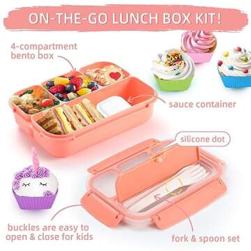 QQKO Bento Box Adult Lunch Box, Lunch Containers for Adults Men Women, Kids Lunch Boxes for School with 4 Compartments, Sauce Container, Utensils and Muffin Cups, Pink