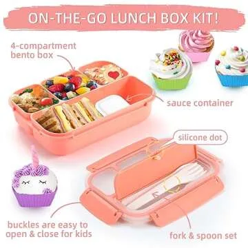QQKO Bento Box Adult Lunch Box, Lunch Containers for Adults Men Women, Kids Lunch Boxes for School with 4 Compartments, Sauce Container, Utensils and Muffin Cups, Pink