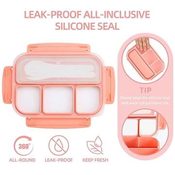 QQKO Bento Box Adult Lunch Box, Lunch Containers for Adults Men Women, Kids Lunch Boxes for School with 4 Compartments, Sauce Container, Utensils and Muffin Cups, Pink