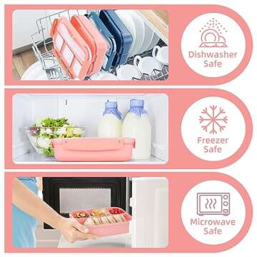 QQKO Bento Box Adult Lunch Box, Lunch Containers for Adults Men Women, Kids Lunch Boxes for School with 4 Compartments, Sauce Container, Utensils and Muffin Cups, Pink