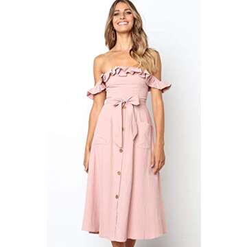 Angashion Women's Sleeveless Off Shoulder Ruffles Midi Long Dress Floral Print Tie Waist Maxi Dress with Pocket 092Pink S