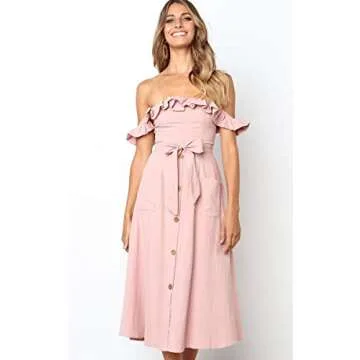 Angashion Women's Floral Midi Dress Off Shoulder Ruffles