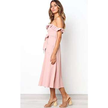 Angashion Women's Sleeveless Off Shoulder Ruffles Midi Long Dress Floral Print Tie Waist Maxi Dress with Pocket 092Pink S