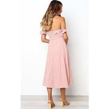 Angashion Women's Sleeveless Off Shoulder Ruffles Midi Long Dress Floral Print Tie Waist Maxi Dress with Pocket 092Pink S