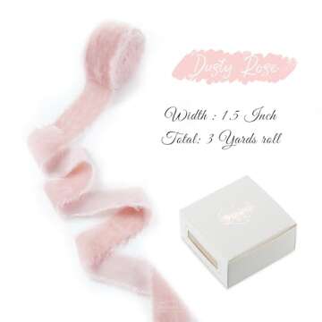 DINDOSAL Dusty Pink Silk Velvet Ribbon 1.5 Inch Pink Frayed Edge Ribbon Rustic Style Fringe Gift Rib...