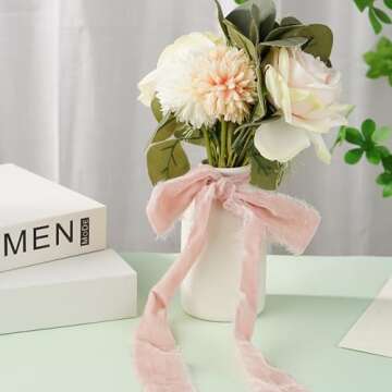 DINDOSAL Dusty Pink Silk Velvet Ribbon 1.5 Inch Pink Frayed Edge Ribbon Rustic Style Fringe Gift Ribbon Raw Edge Boho Ribbon Wedding Invitation Bridal Bouquet Ribbon -3yards