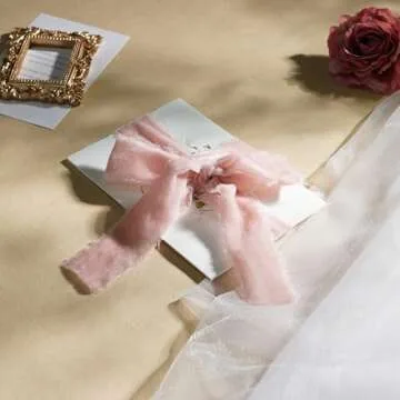DINDOSAL Dusty Pink Silk Velvet Ribbon 1.5 Inch Pink Frayed Edge Ribbon Rustic Style Fringe Gift Ribbon Raw Edge Boho Ribbon Wedding Invitation Bridal Bouquet Ribbon -3yards