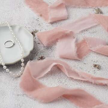 DINDOSAL Dusty Pink Silk Velvet Ribbon 1.5 Inch Pink Frayed Edge Ribbon Rustic Style Fringe Gift Ribbon Raw Edge Boho Ribbon Wedding Invitation Bridal Bouquet Ribbon -3yards