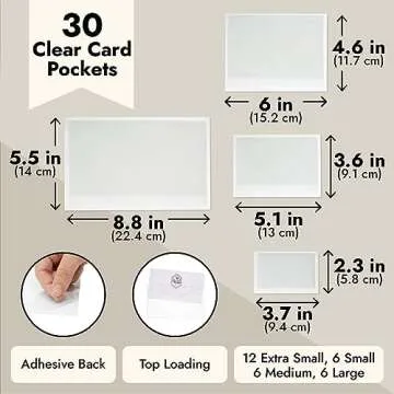 Juvale 30 Pieces Clear Adhesive Pockets for Planners and Binders, Peel and Stick Index Card and Photo Pockets, Office Notebook Folder Sleeves (4 Sizes)