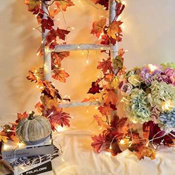 Lvydec 2 Pack Fall Garland Decoration - 5.8ft/Strand Artificial Maple Garland with 16ft 40 LED String Lights for Home Wedding Party Thankgiving