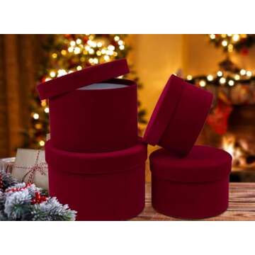 GnFlus Red Wine Gift Boxes for Presents Set of 4 Round Velvet Nesting Gifts Box for Arrangements Flowers Wedding Birthday Valentines Bridesmaid Christmas Party Anniversary
