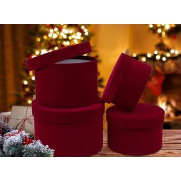 GnFlus Red Wine Gift Boxes for Presents Set of 4 Round Velvet Nesting Gifts Box for Arrangements Flowers Wedding Birthday Valentines Bridesmaid Christmas Party Anniversary