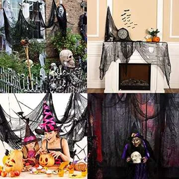 JQAQJU 7 Pack Creepy Cloth Halloween Decorations 72x30 Inch with Spiders White Webs, Black Spooky Cheesecloth Fabric Scary Gauze for Halloween Drapes Yard Patio Party Stair Haunted Houses