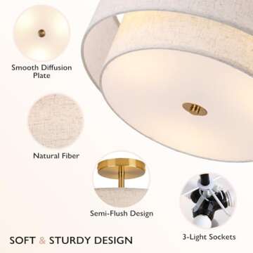 CALOKES 16" Double Drum Gold 3-Light Semi Flush Mount Ceiling Light, Classic Fabric Linen Shade Design for Living Room, Bedroom, Kitchen, Dining Room, Hallway and Entryway