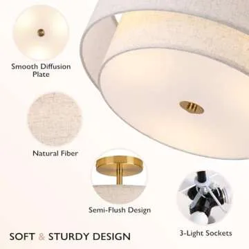 CALOKES 16" Double Drum Gold 3-Light Semi Flush Mount Ceiling Light, Classic Fabric Linen Shade Design for Living Room, Bedroom, Kitchen, Dining Room, Hallway and Entryway