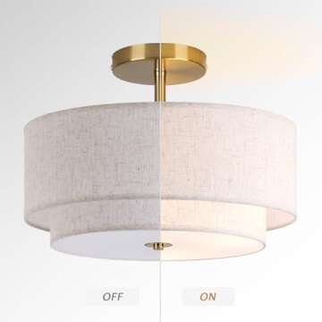 CALOKES 16" Double Drum Gold 3-Light Semi Flush Mount Ceiling Light, Classic Fabric Linen Shade Design for Living Room, Bedroom, Kitchen, Dining Room, Hallway and Entryway