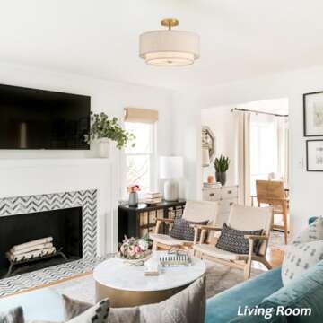 CALOKES 16" Double Drum Gold 3-Light Semi Flush Mount Ceiling Light, Classic Fabric Linen Shade Design for Living Room, Bedroom, Kitchen, Dining Room, Hallway and Entryway