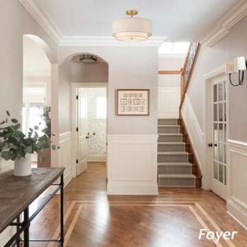 CALOKES 16" Double Drum Gold 3-Light Semi Flush Mount Ceiling Light, Classic Fabric Linen Shade Design for Living Room, Bedroom, Kitchen, Dining Room, Hallway and Entryway