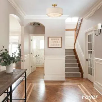 CALOKES 16" Double Drum Gold 3-Light Semi Flush Mount Ceiling Light, Classic Fabric Linen Shade Design for Living Room, Bedroom, Kitchen, Dining Room, Hallway and Entryway