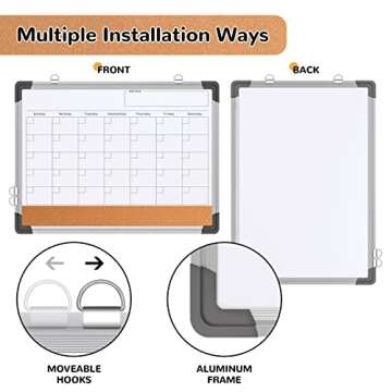Monthly Calendar Whiteboard Dry Erase Cork Board Combination for Wall, 17"x13" Magnetic Dry Erase Bo...