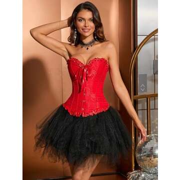 SZIVYSHI Red Corset Top for Women - Overbust Lace Up Waist Cincher Bustier Lingerie - Plum Blossom Bamboo Pattern - Size XS