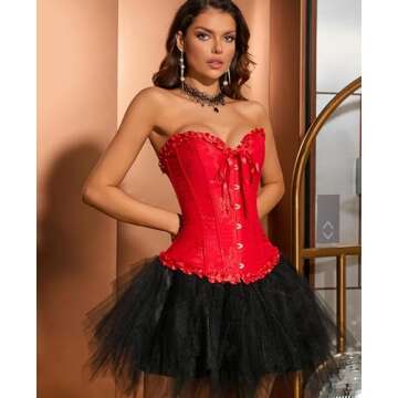 SZIVYSHI Red Corset Top for Women - Overbust Lace Up Waist Cincher Bustier Lingerie - Plum Blossom Bamboo Pattern - Size XS