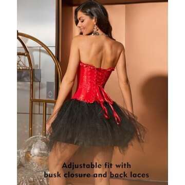 SZIVYSHI Red Corset Top for Women - Overbust Lace Up Waist Cincher Bustier Lingerie - Plum Blossom Bamboo Pattern - Size XS