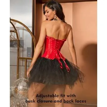 SZIVYSHI Red Corset Top for Women - Overbust Lace Up Waist Cincher Bustier Lingerie - Plum Blossom Bamboo Pattern - Size XS