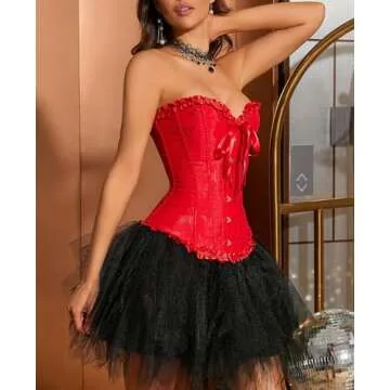 SZIVYSHI Red Corset Top for Women - Overbust Lace Up Waist Cincher Bustier Lingerie - Plum Blossom Bamboo Pattern - Size XS