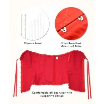 SZIVYSHI Red Corset Top for Women - Overbust Lace Up Waist Cincher Bustier Lingerie - Plum Blossom Bamboo Pattern - Size XS