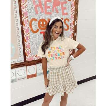 It's Me Hi I'm The Teacher Shirts Women Funny Teacher Life Tshirt Casual Teachers Appreciation Gift Tee Tops Apricot