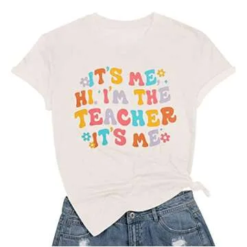 It's Me Hi I'm The Teacher Shirts Women Funny Teacher Life Tshirt Casual Teachers Appreciation Gift Tee Tops Apricot