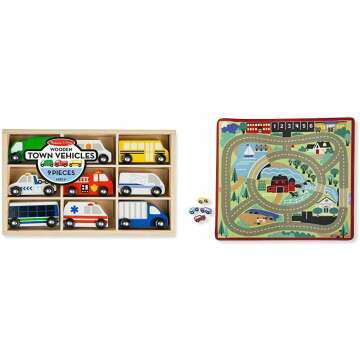 Melissa & Doug Wooden Town Vehicles & Rug Set