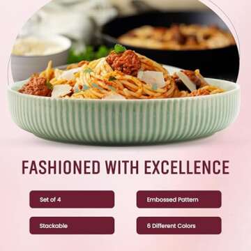 American Atelier 9-Inch Low Bowl (Set of 4) - 42 oz Wide Shallow Porcelain Salad Bowls, Stylish Dinner Plates for Serving Pasta, Soups, Stir-Fries - Stackable Modern Dinnerware (Sage Green)